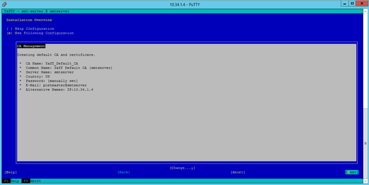 Screenshot of creating a certificate for SMT server.