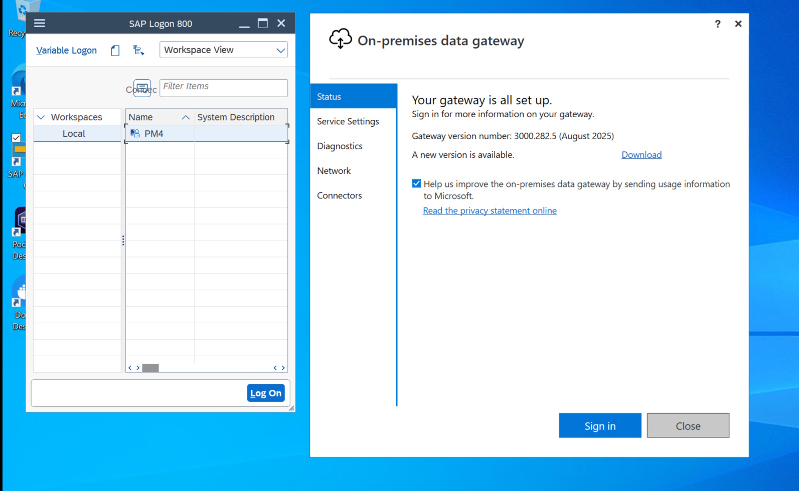 Screenshot of the on-premises data gateway installed next to the SAP GUI.