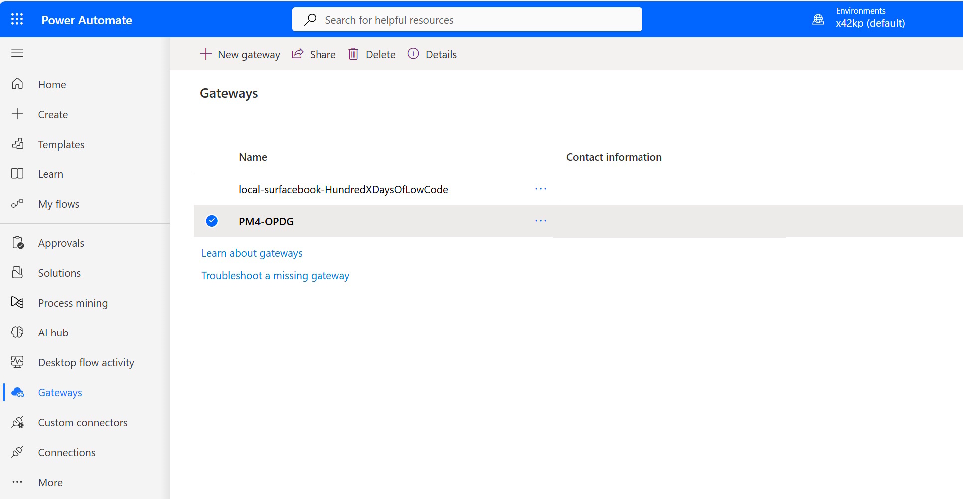 Screenshot of the connectivity status of the on-premises data gateway in the Power Platform environment.