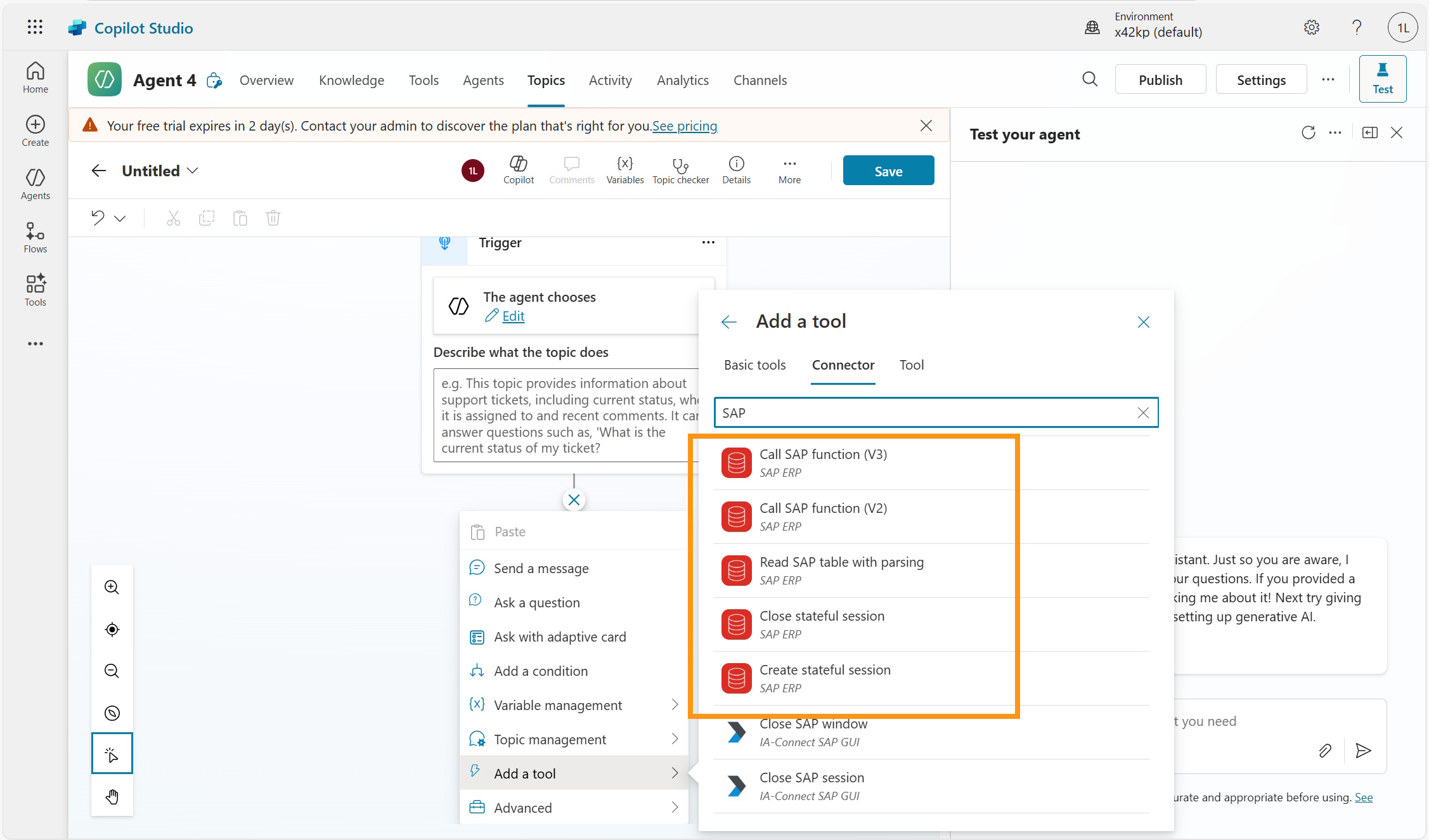 Screenshot of the SAP ERP connector in Copilot Studio.