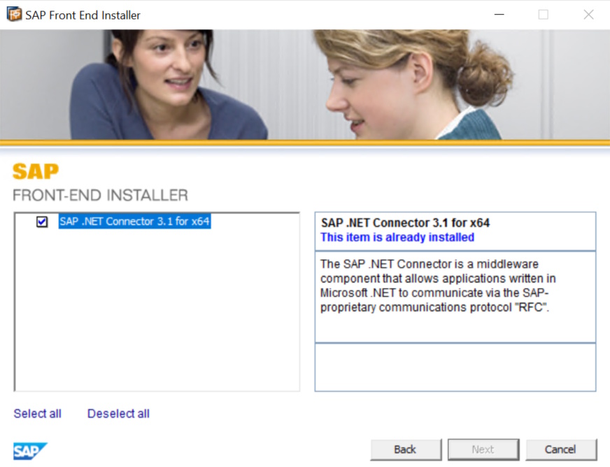 Screenshot of the SAP .NET Connector installation.