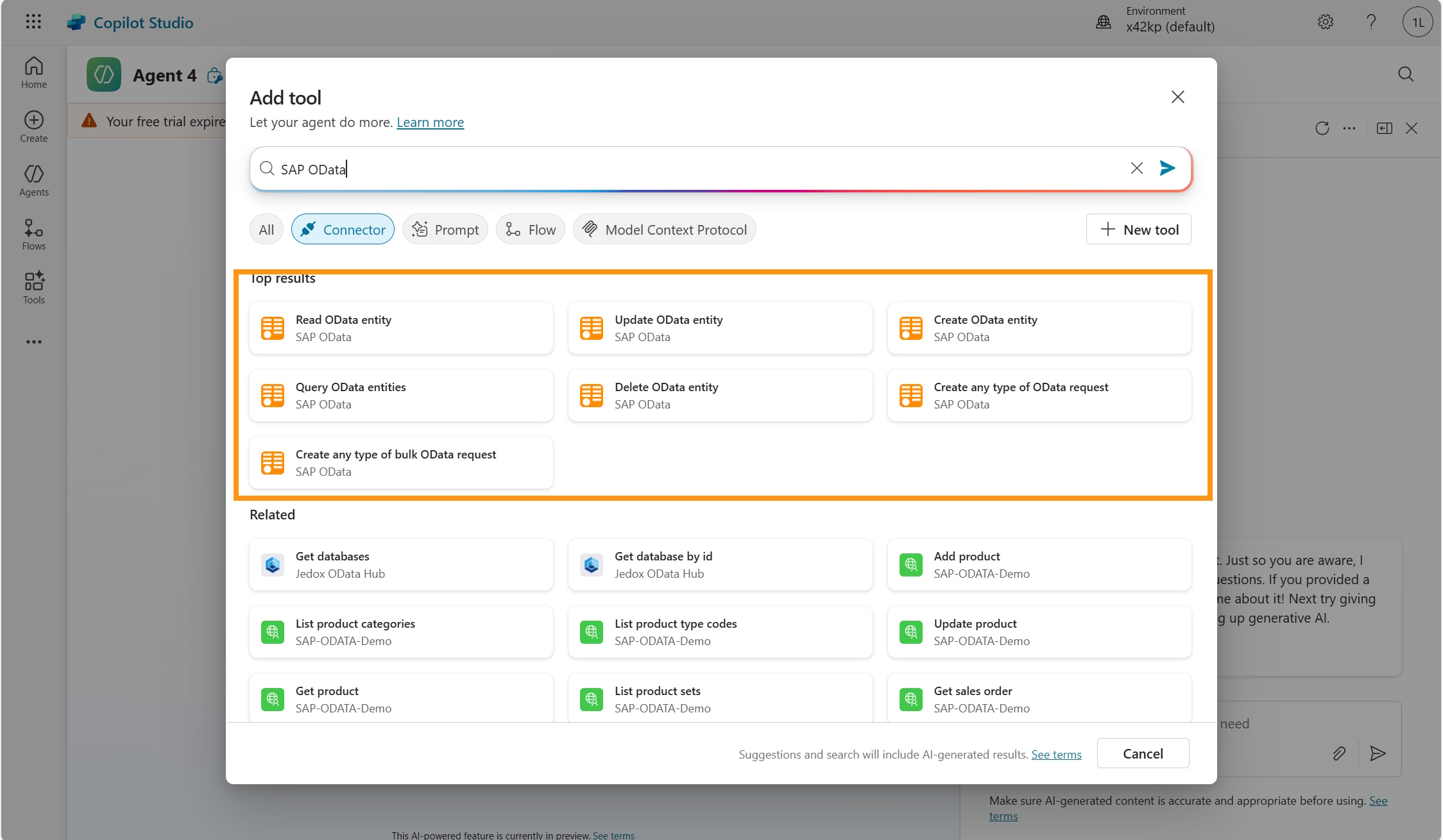 Screenshot of the SAP OData connector in Copilot Studio.
