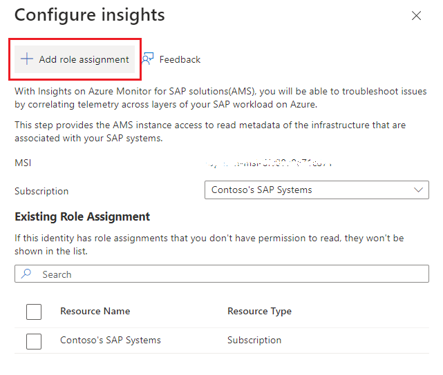 Screenshot that shows the configuration flyout of Insights on AMS.