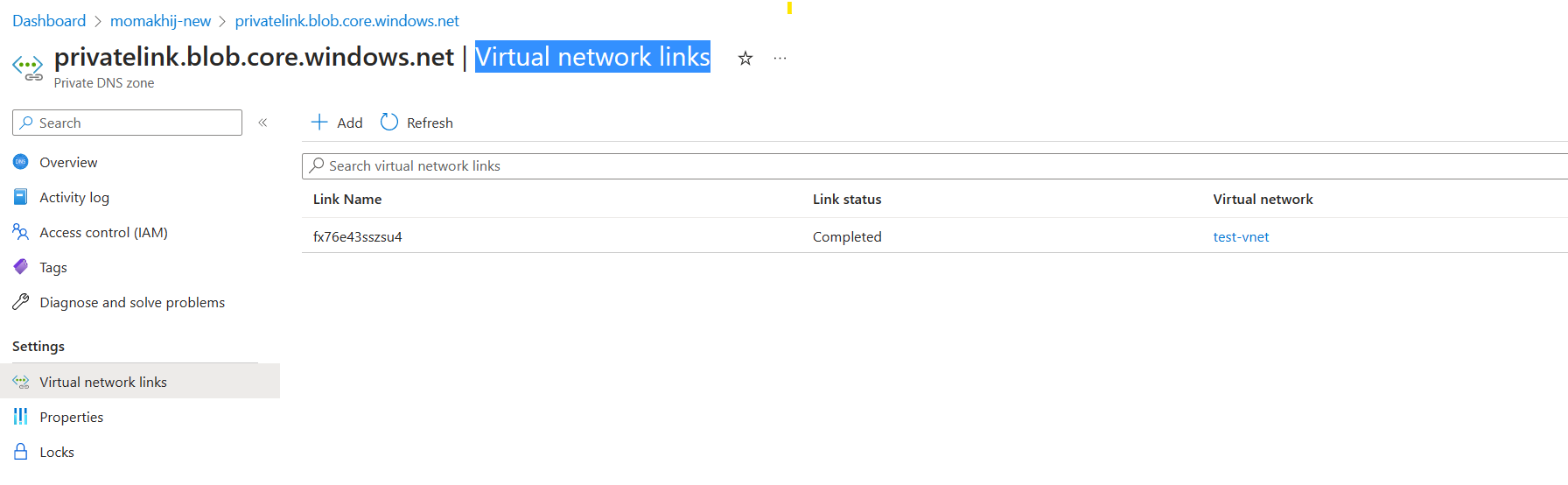 Screenshot that shows adding a virtual network link to a private DNS zone.