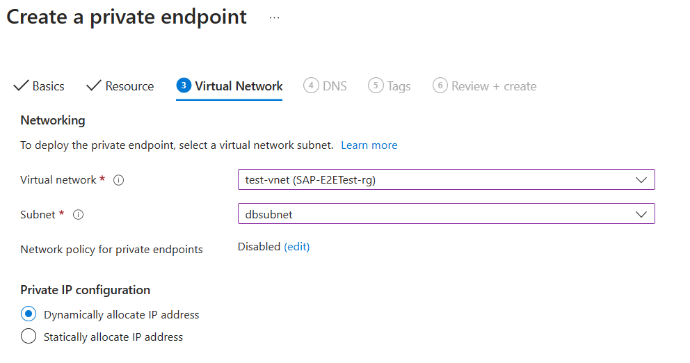Screenshot that shows creating a private endpoint on the Virtual Network tab.