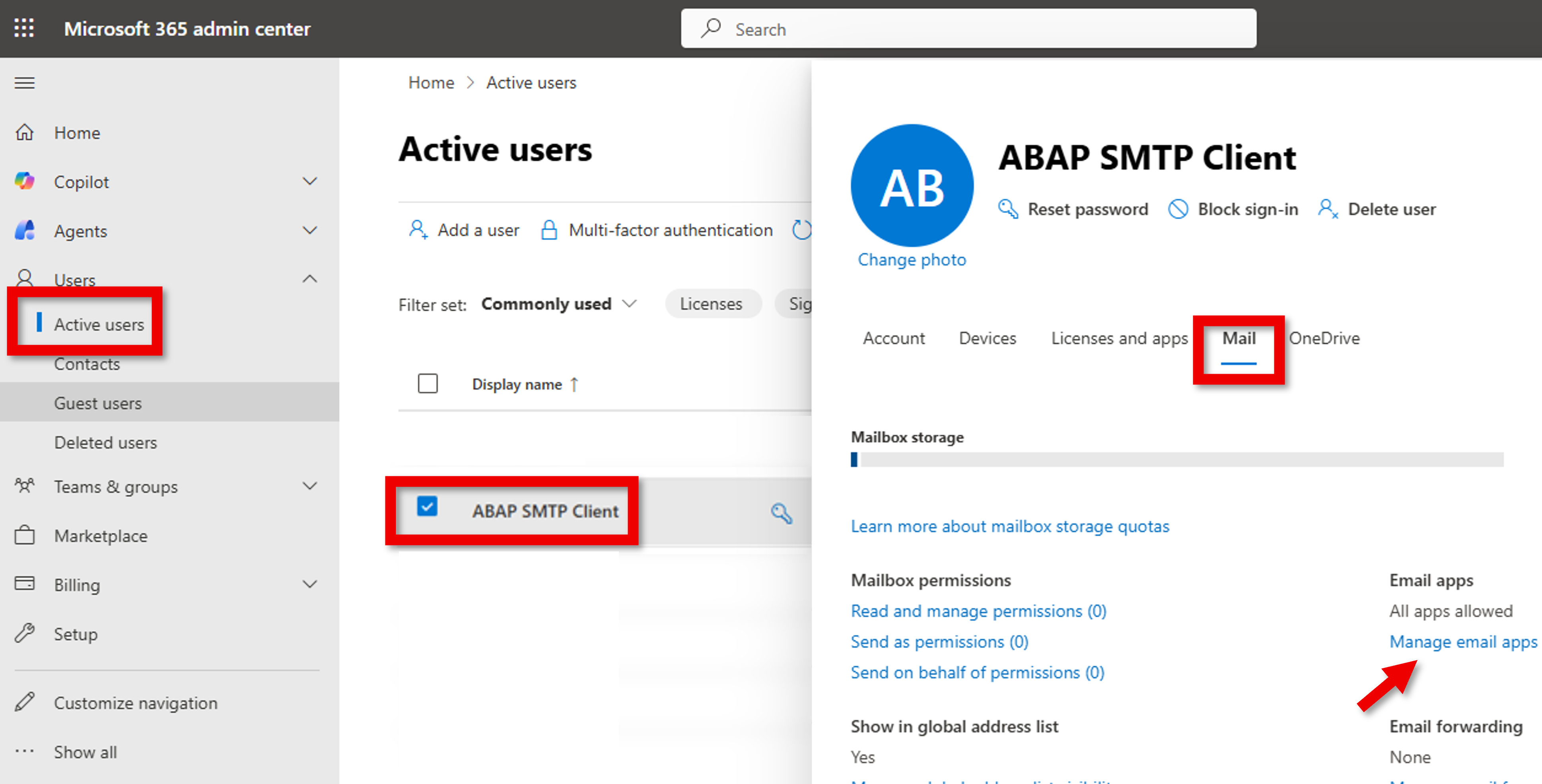 Screenshot of open email app settings.