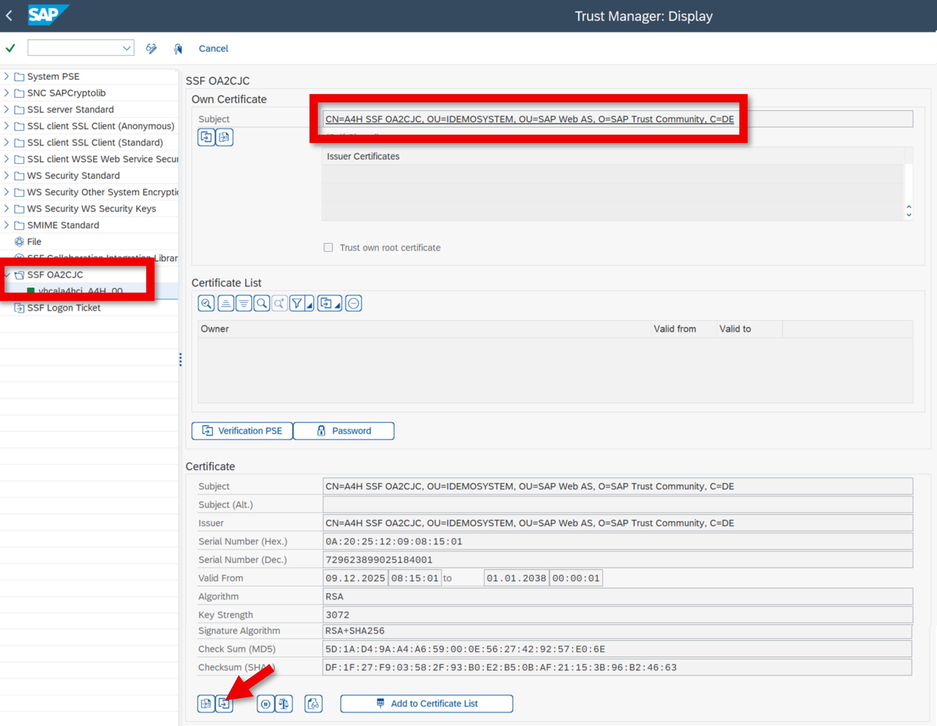 Screenshot of export JWT signing certificate with STRUST.