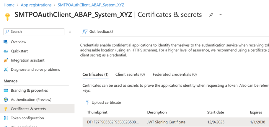 Screenshot of imported JWT signing certificate.