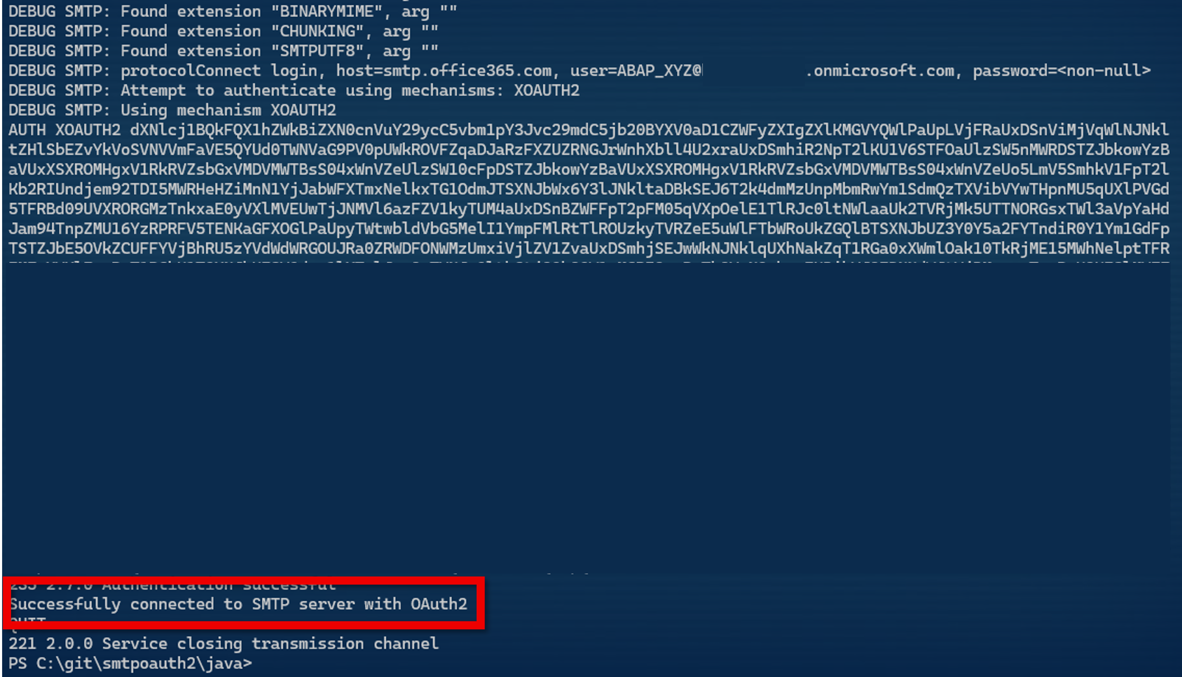 Screenshot of SMTP OAuth test client app output.