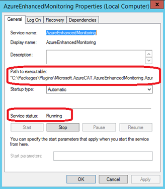 Properties of service running the Azure Extension for SAP