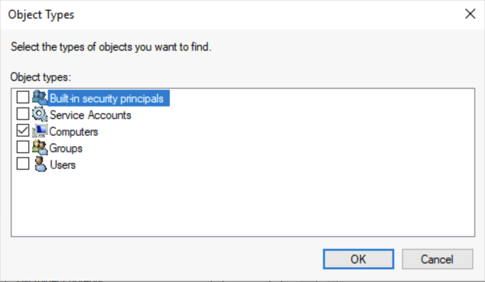 Screenshot of selecting an object type for an Active Directory computer account.