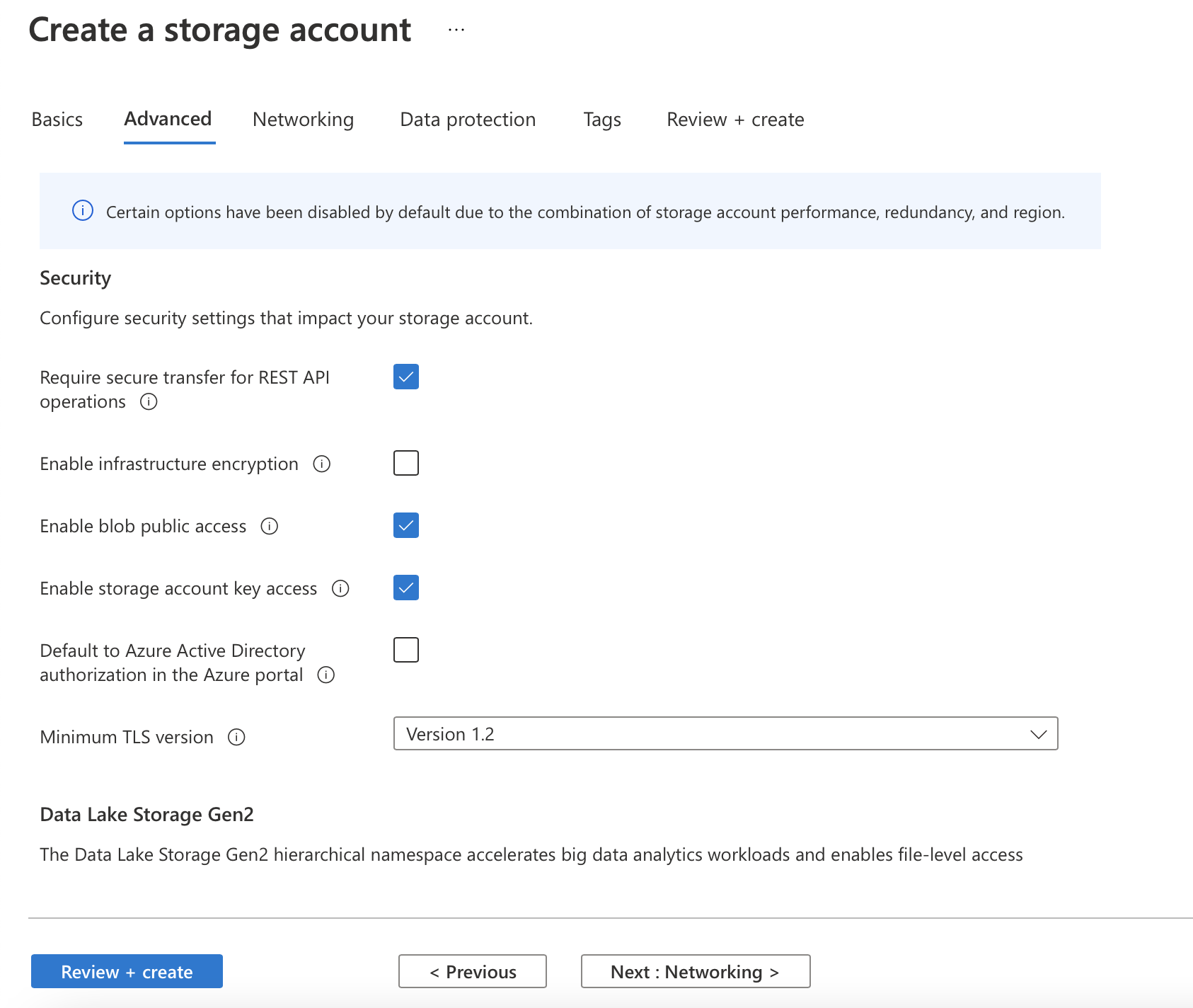 Screenshot of the Azure portal that shows advanced information for creating a storage account.