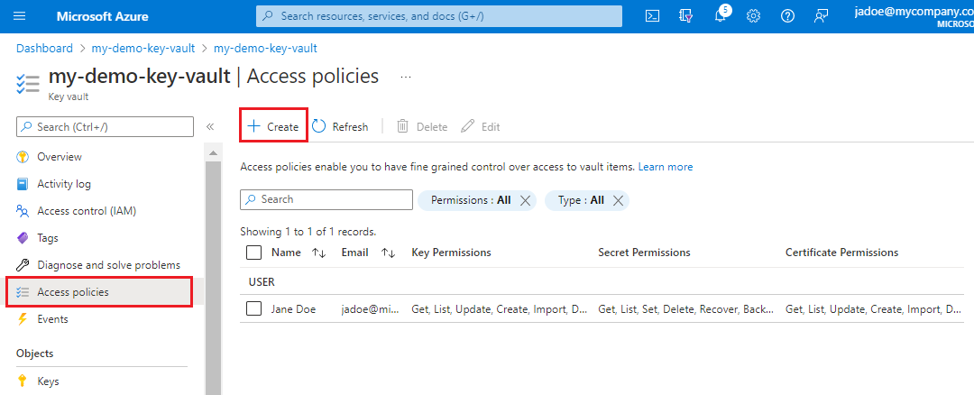 Screenshot of the Access Policy command in the left navigation pane.