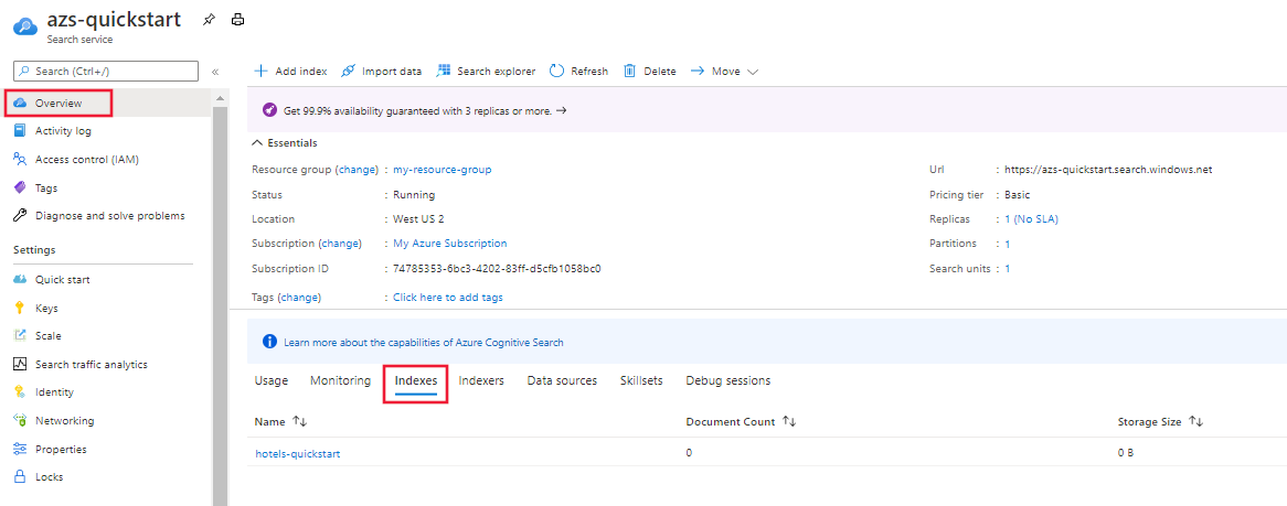 Screenshot of Azure portal, search service Overview, Indexes tab.