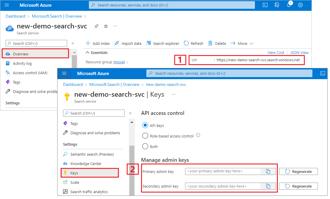 Screenshot of Azure portal pages showing the HTTP endpoint and access key location for a search service.