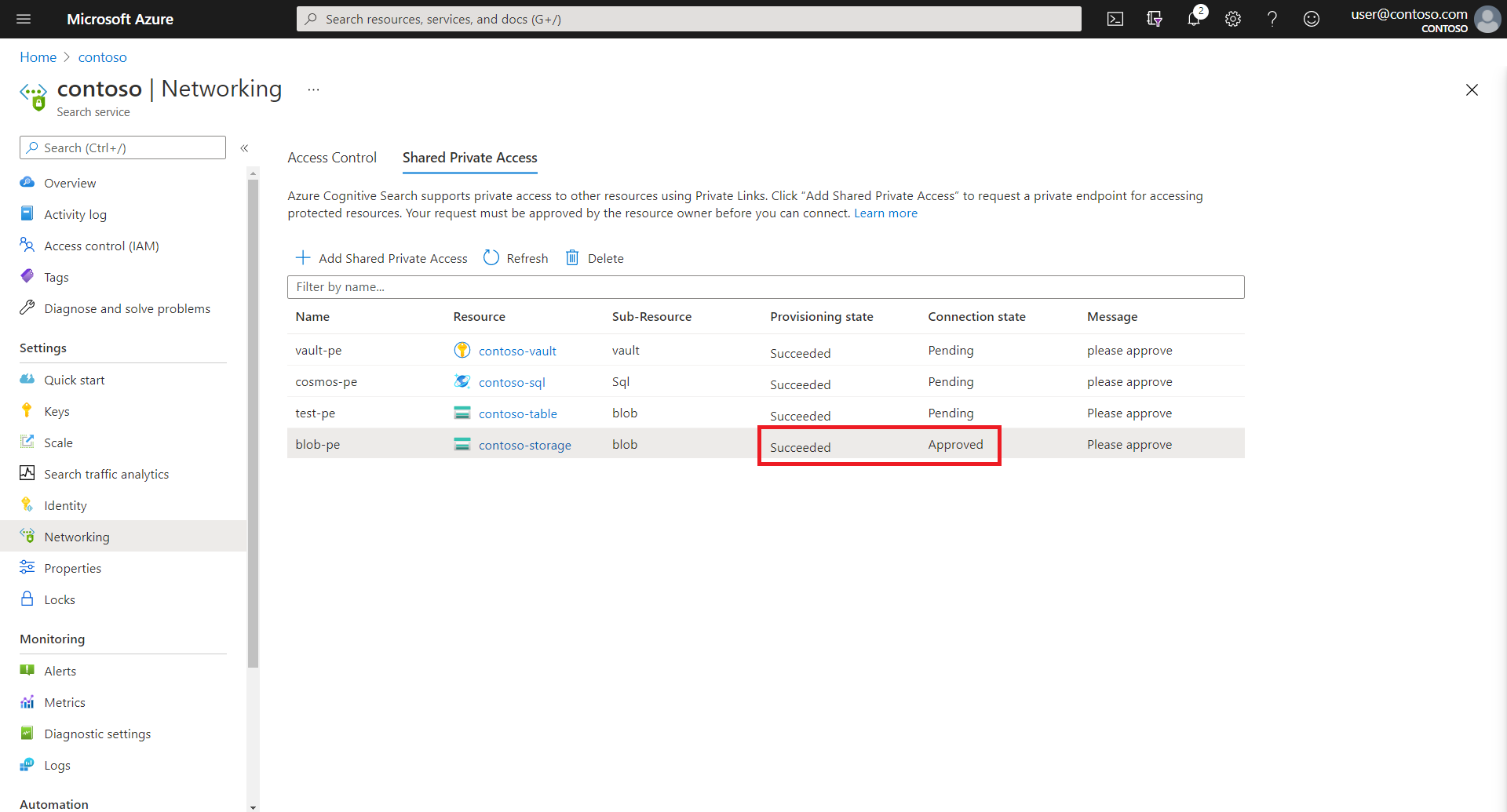 Screenshot of the Azure portal, showing an Approved shared private link resource.