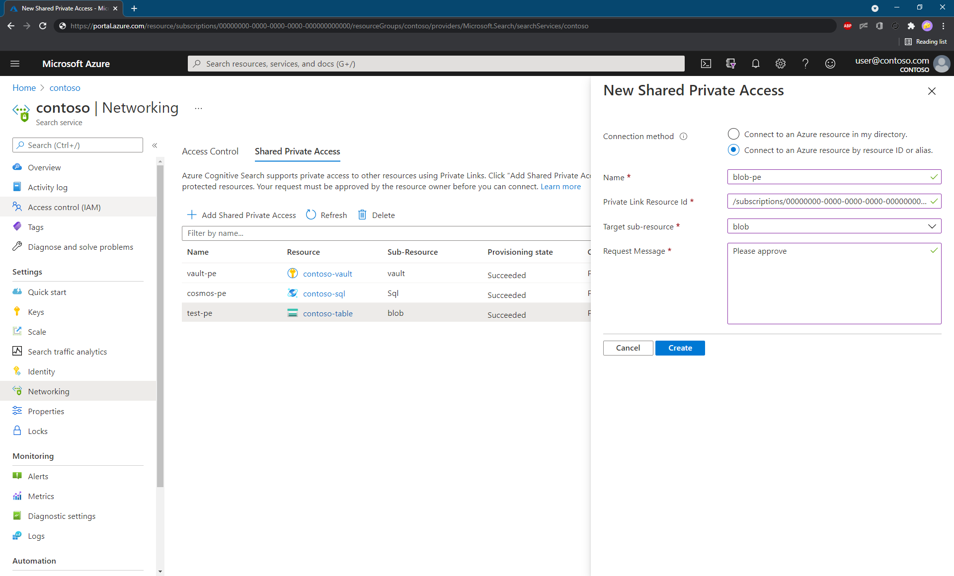 Screenshot of the Add Shared Private Access page, showing the manual experience for creating a shared private link resource.