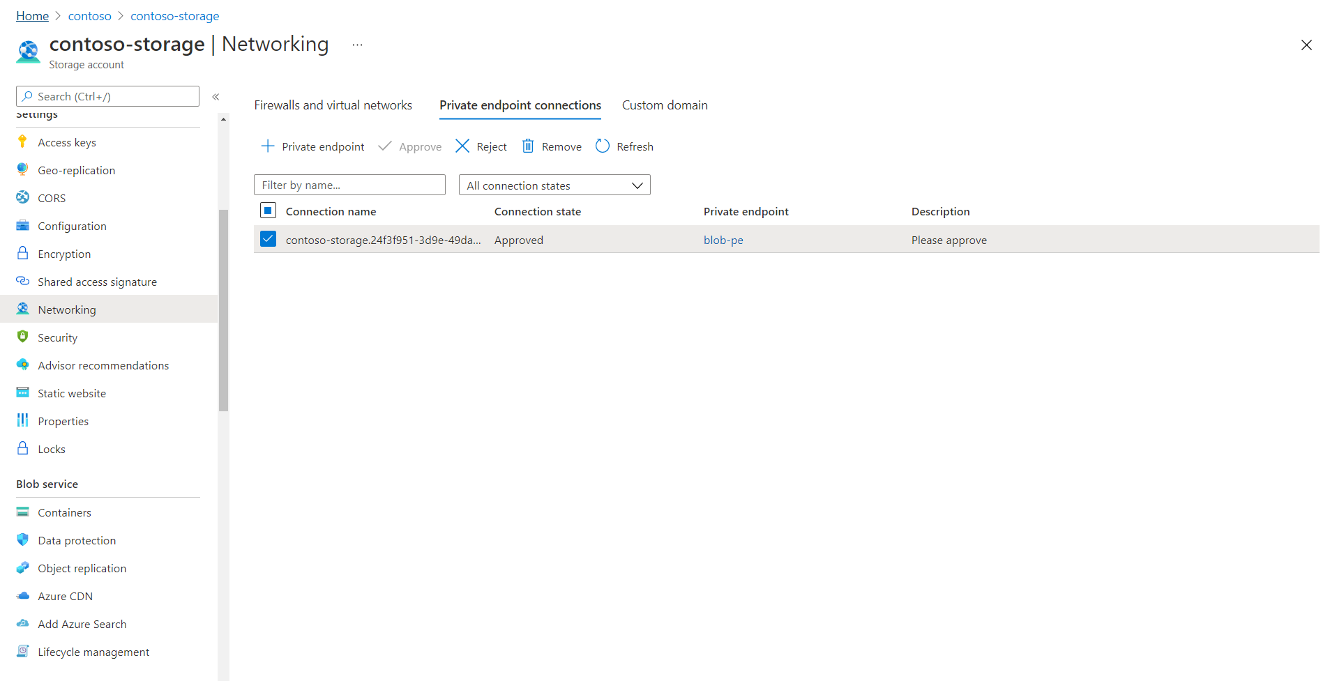 Screenshot of the Azure portal, showing an "Approved" status on the "Private endpoint connections" pane.
