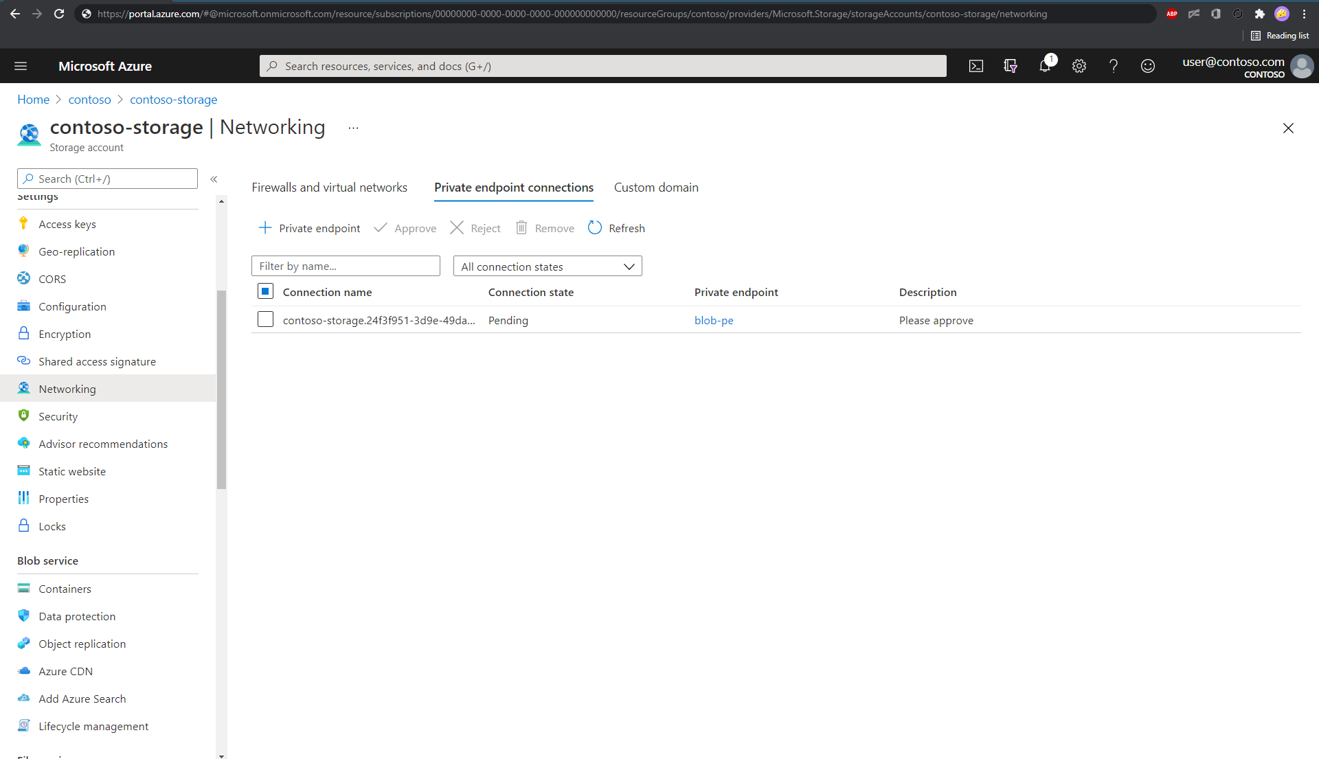 Screenshot of the Azure portal, showing the "Private endpoint connections" pane.