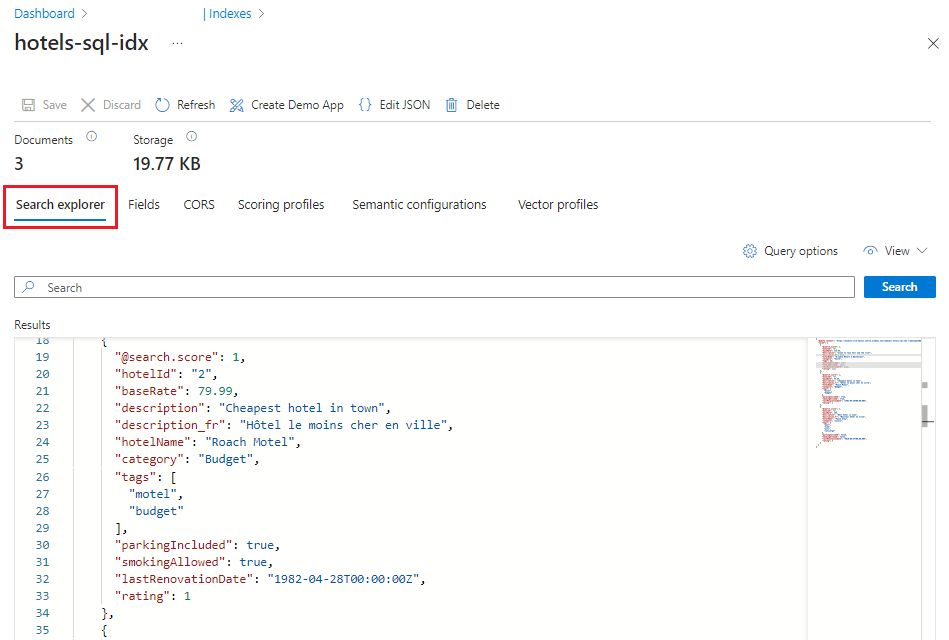 Screenshot of a Search Explorer query for the target index.