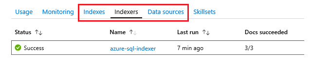 Screenshot of the indexer and data source tiles in the Azure portal search service page.