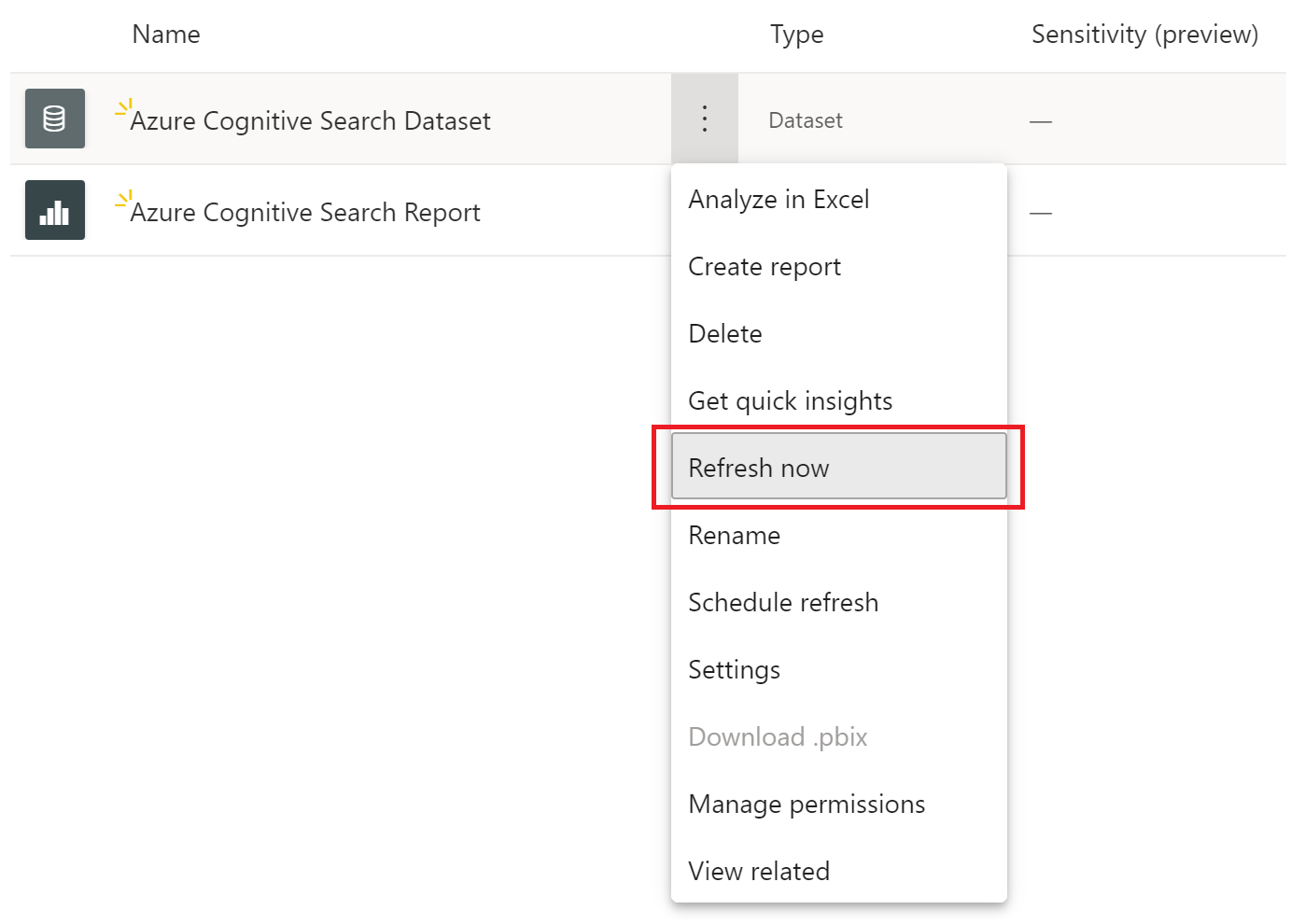Screenshot showing how to select Refresh now from the Azure AI Search Dataset options.
