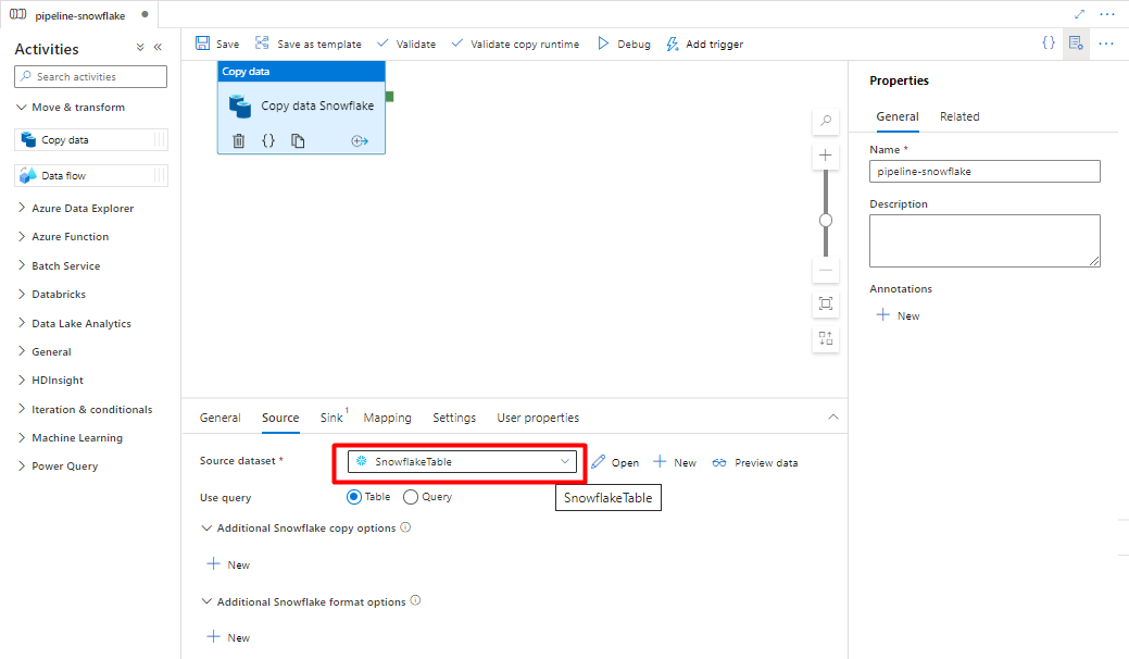 Screenshot showing how to configure the Source in a pipeline to import data from Snowflake.