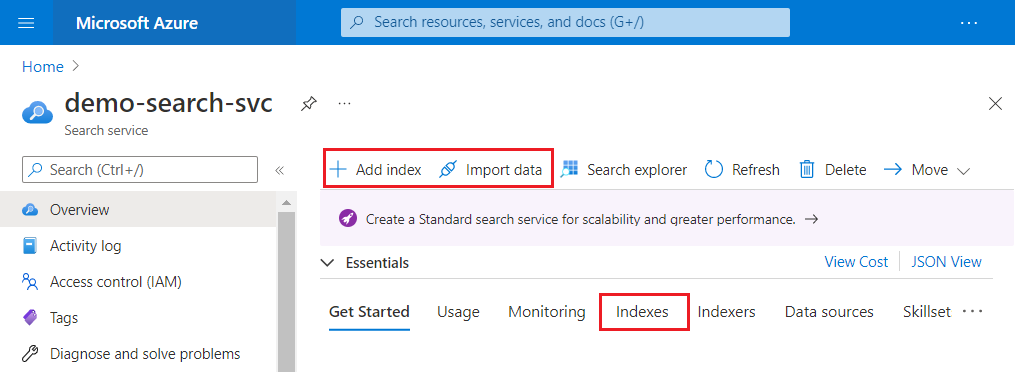 Screenshot of the Microsoft Azure portal interface showing the demo-search-svc page with options to "Add index" and "Import data" highlighted.