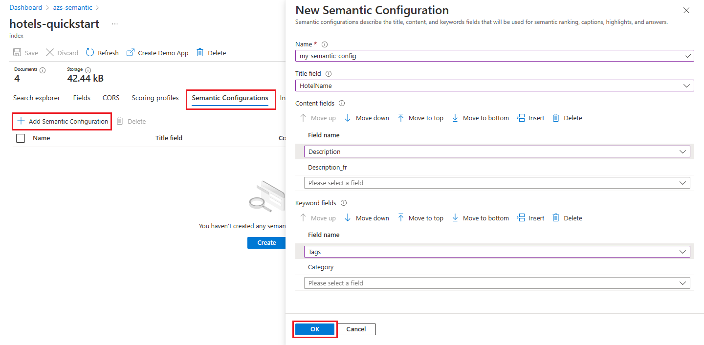 Screenshot that shows how to create a semantic configuration in the Azure portal.