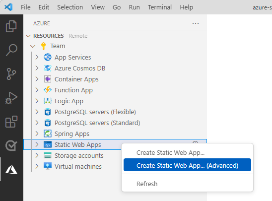 Screenshot of Visual Studio Code, with the Azure Static Web Apps explorer showing the option to create an advanced static web app.