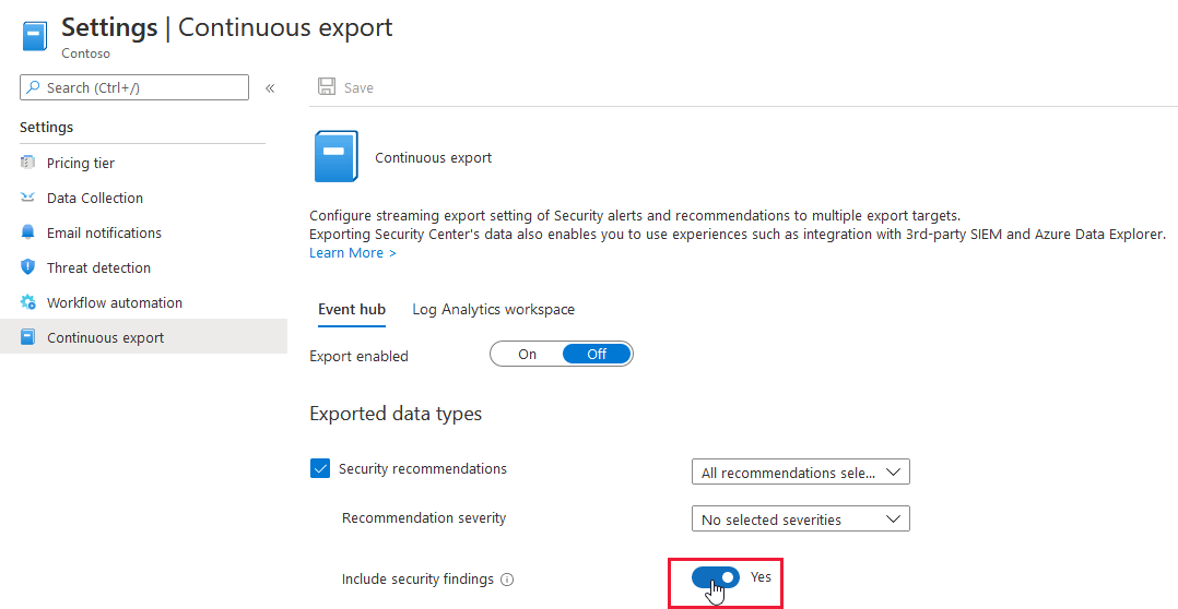 Screenshot that shows the Include security findings toggle in a continuous export configuration.