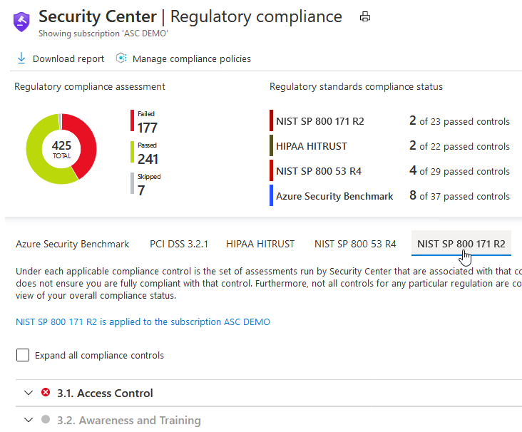 The NIST SP 800 171 R2 standard in Security Center's regulatory compliance dashboard