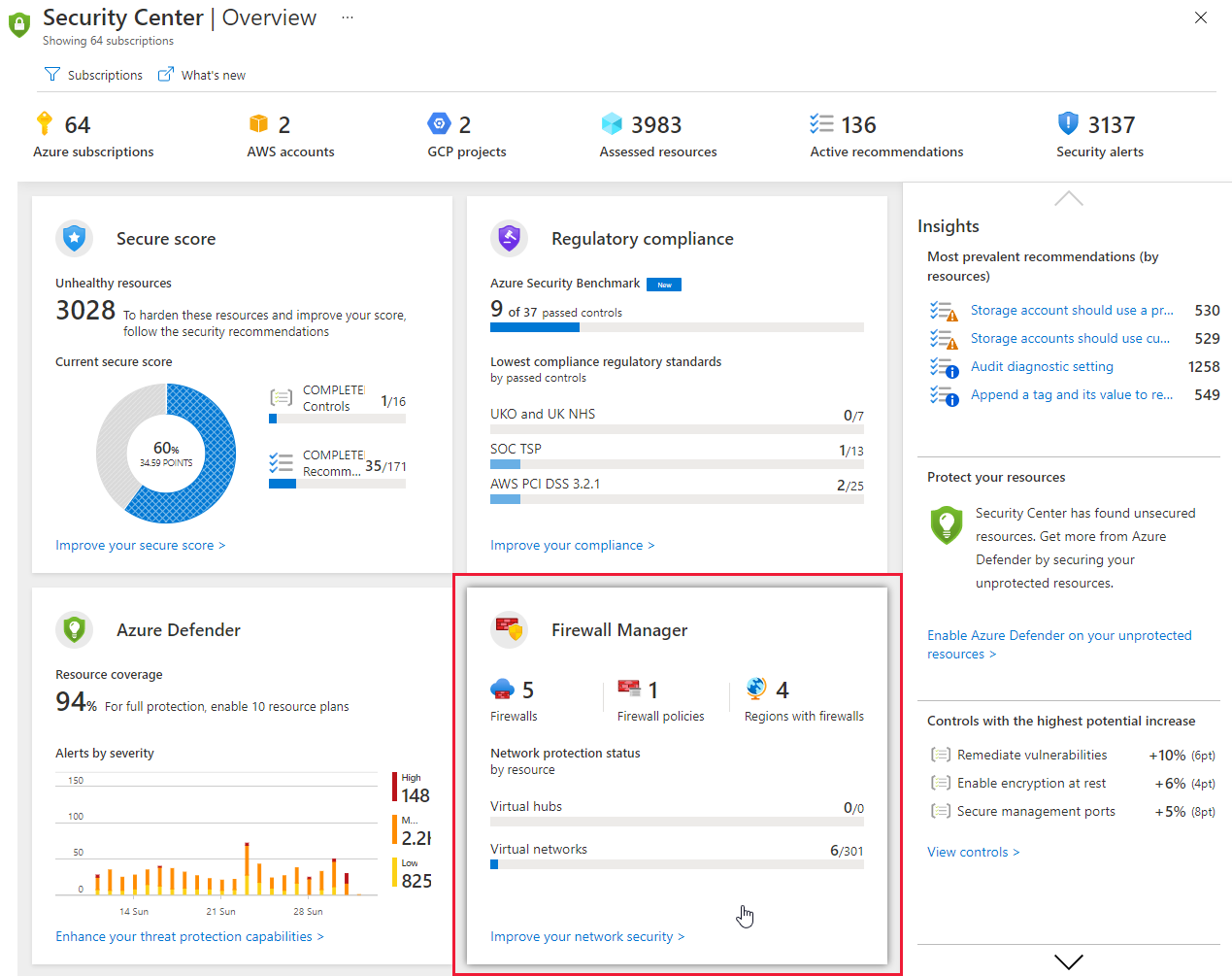 Security Center's overview dashboard with a tile for Azure Firewall