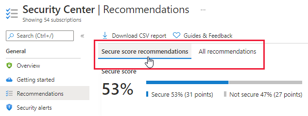 Tabs to change the view of the recommendations list in Azure Security Center.