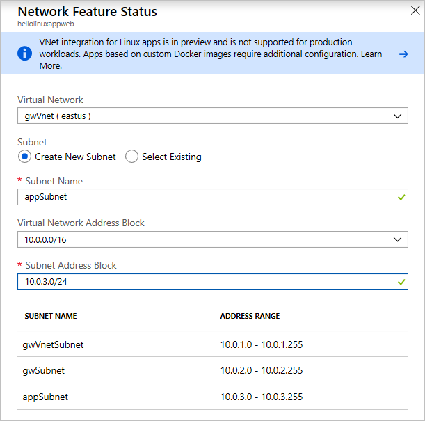 App Service virtual network configuration