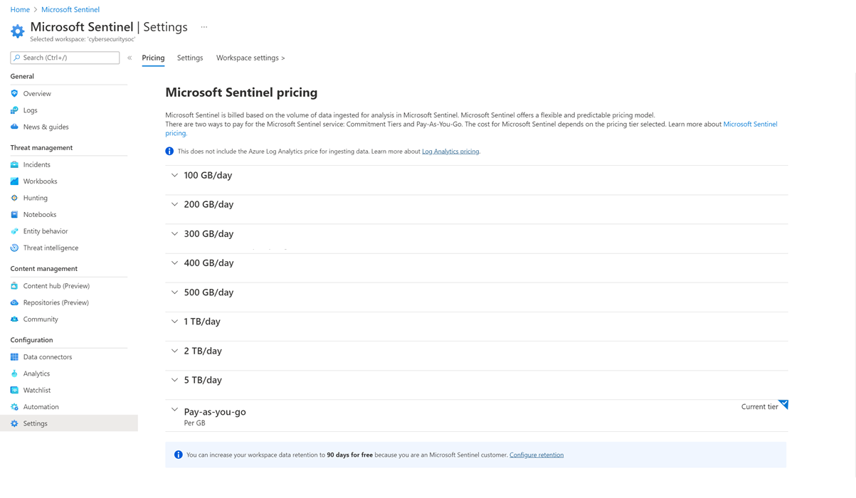 Screenshot of pricing page in Microsoft Sentinel settings, with Pay-As-You-Go selected as current pricing tier.