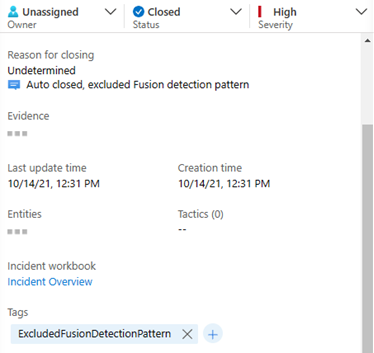 Screenshot of auto closed, excluded Fusion incident.