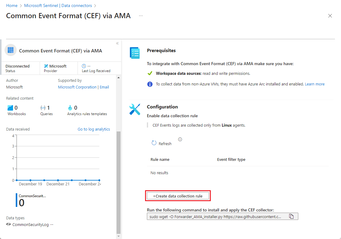 Screenshot showing the CEF via AMA connector page.
