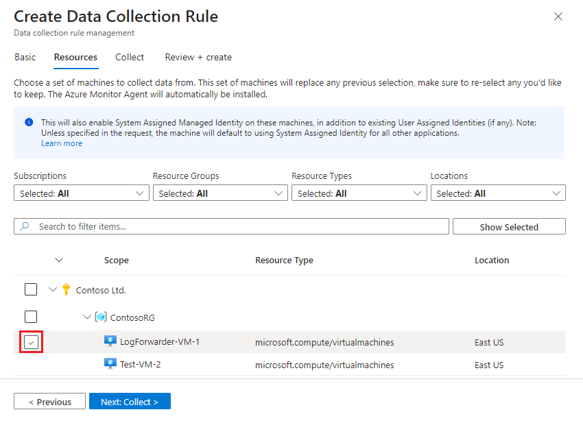 Screenshot showing how to select resources when setting up the DCR.