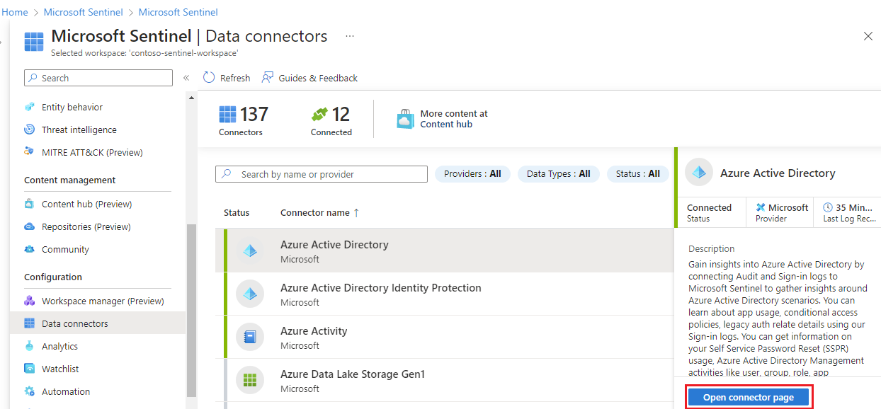 Screenshot of the data connectors page in Microsoft Sentinel that shows a list of available connectors.