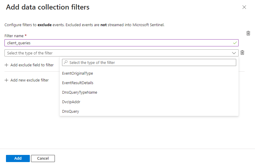 Screenshot of creating a filter for the Windows D N S over A M A connector.