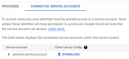 Screenshot of viewing the connected GCP service accounts.