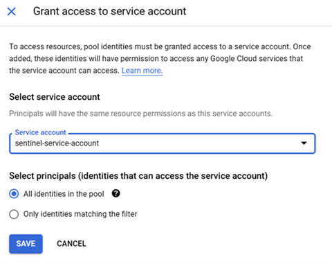 Screenshot of granting access to the GCP service account.