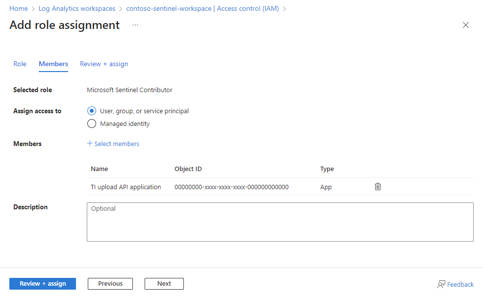 Screenshot showing the Microsoft Sentinel contributor role assigned to the application at the workspace level.