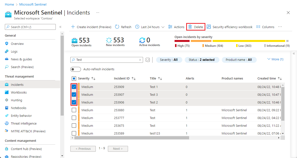 Screenshot of deleting multiple incidents from incident queue.