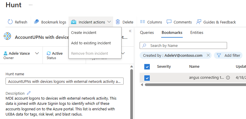Screenshot showing incident actions menu from the bookmarks window.