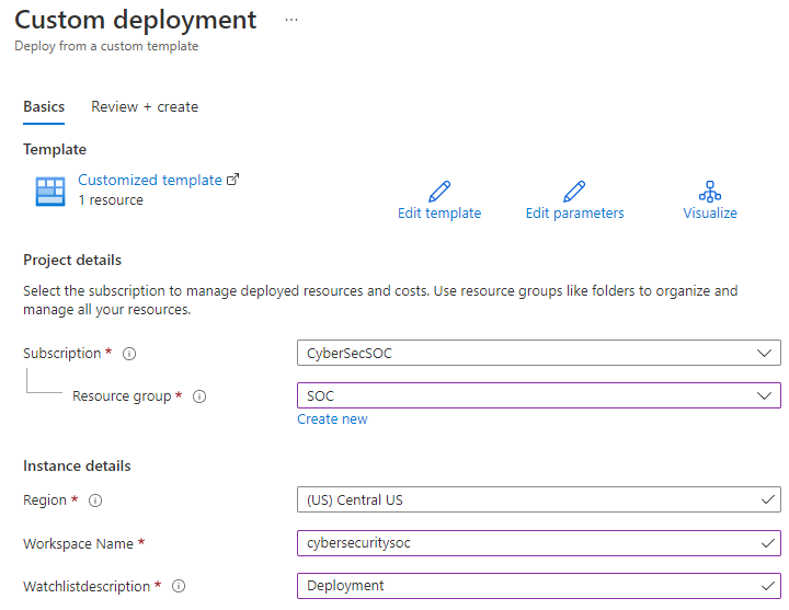 Screenshot of deploying the watchlist to Azure.