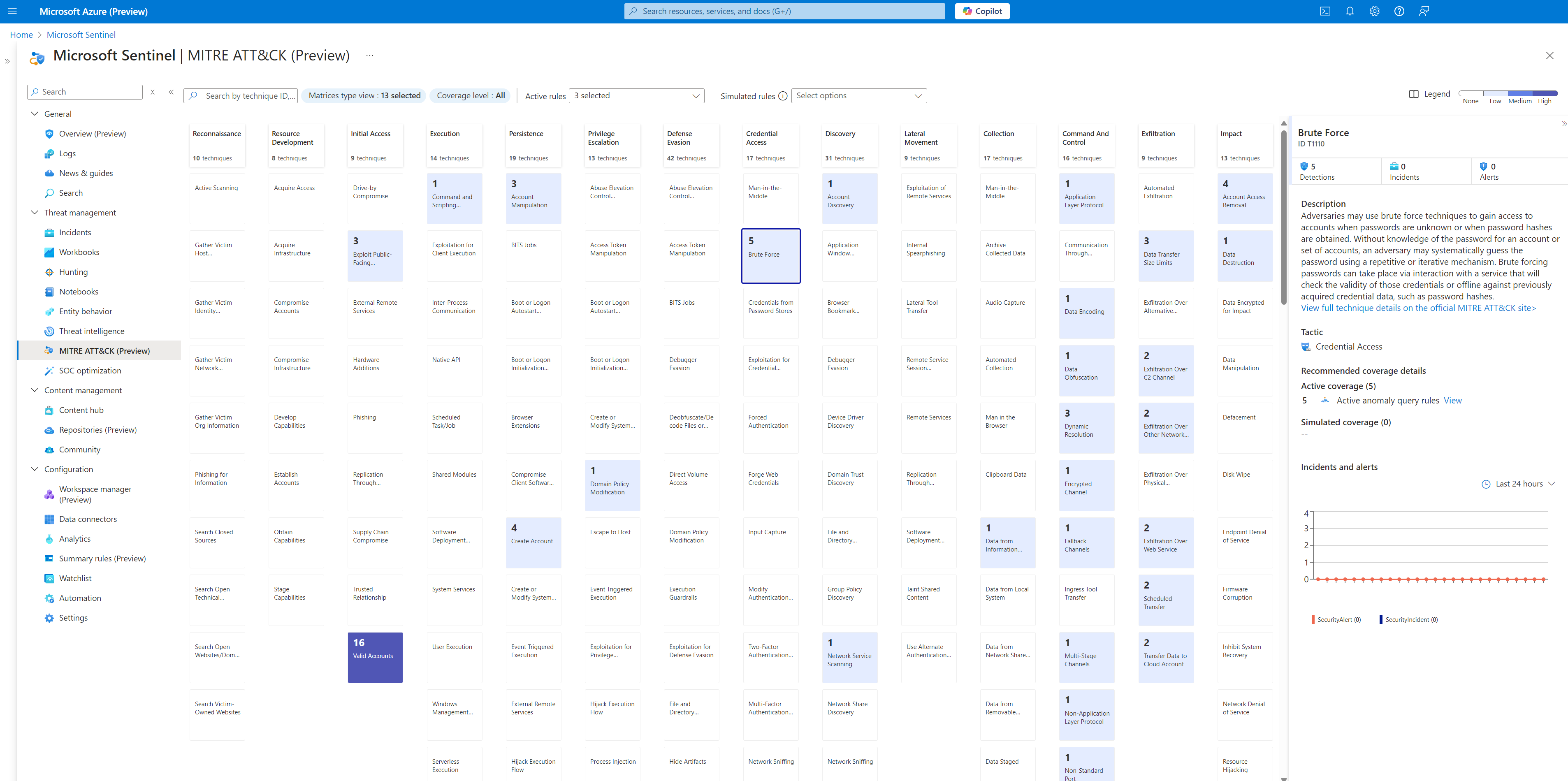 Screenshot of the MITRE coverage page with both active and simulated indicators selected.