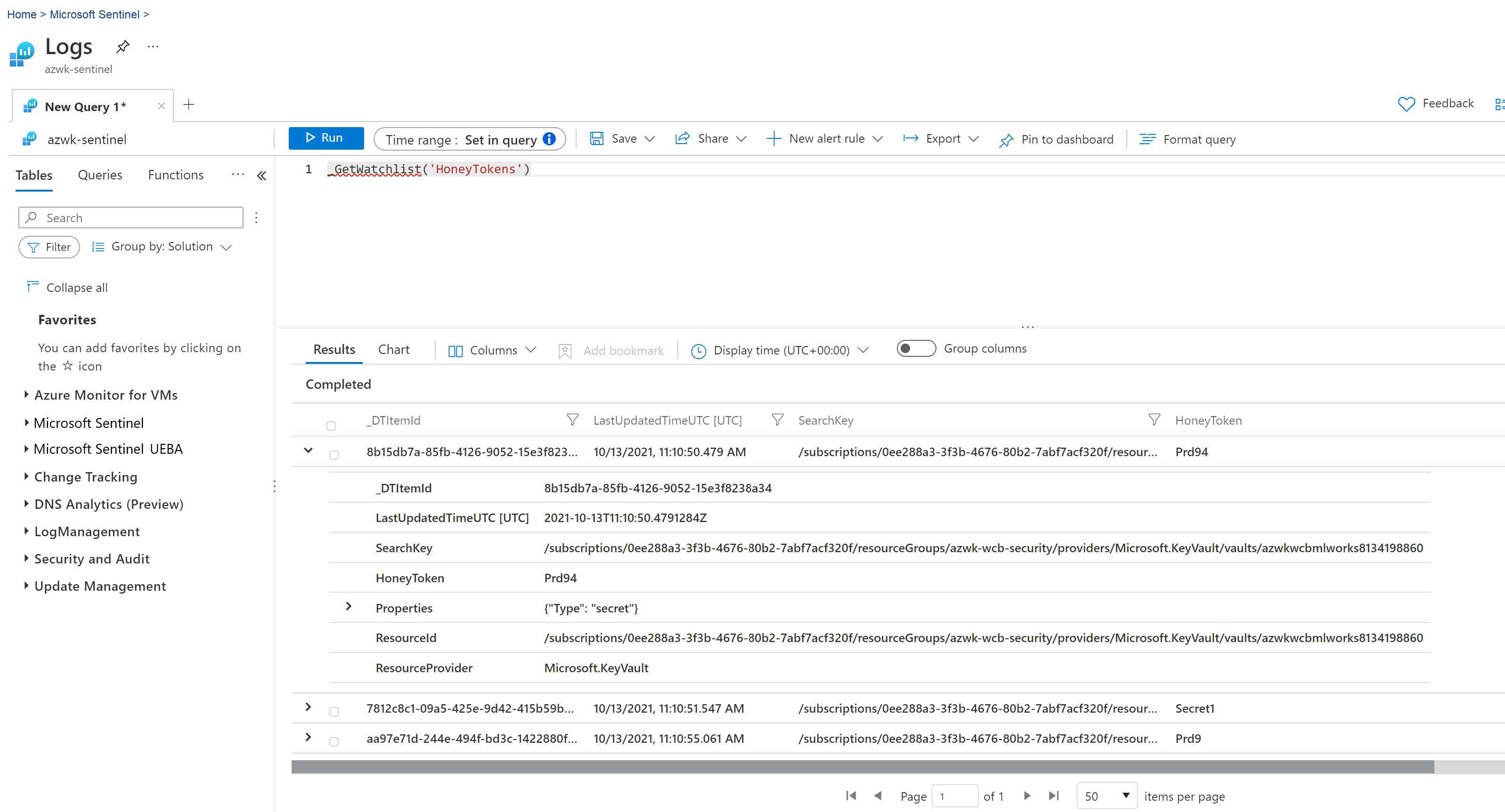 Screenshot of the honeytokens watchlist values in Log Analytics