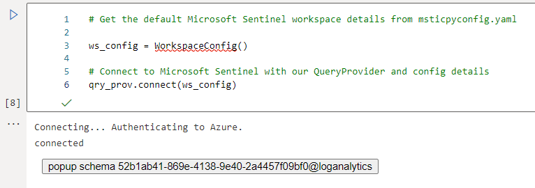 Screenshot that shows authentication to Azure that ends with a connected message.